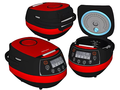 Red And Black Kitchen Rice Cookers With Control Panel And Open Closed Lid Design 3d model