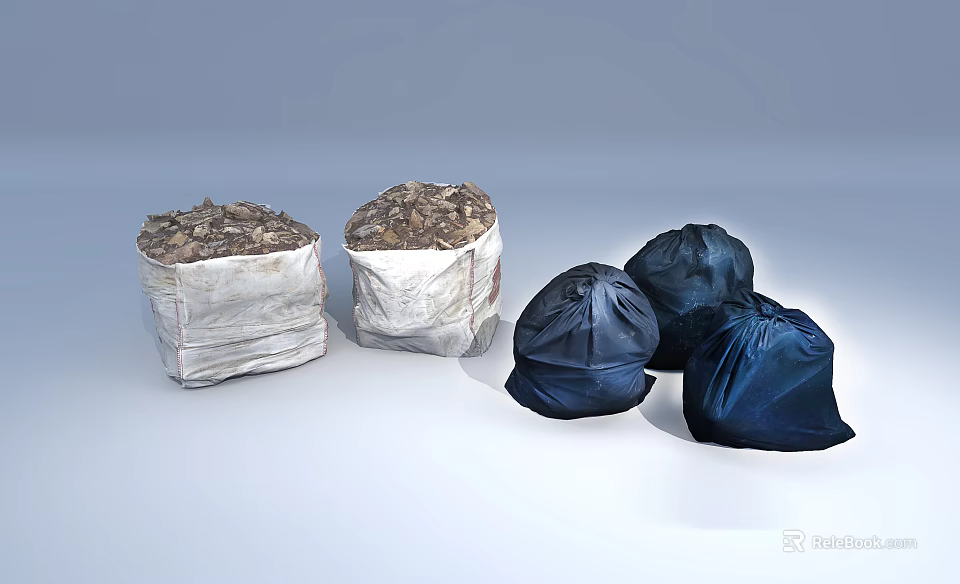 Household Storage Bags With White Sacks Containing Grains And Dark Colored Pouches 3d model 