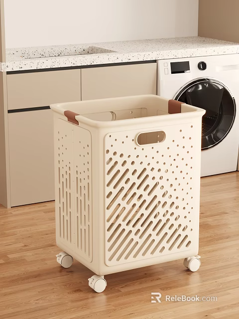 White Storage Shelf With Perforated Design Near Washing Machine And Cabinets 3d model 