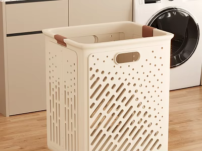 White Storage Shelf With Perforated Design Near Washing Machine And Cabinets 3d model