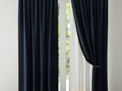 Navy Blue Velvet Curtains With White Sheer Liner And Tiebacks For Home Window Decor 3d model