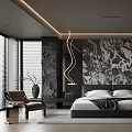 Modern Bedroom With Dark Ceiling Strip Lighting Marble Accent Wall Large Bed Nightstand And Chair