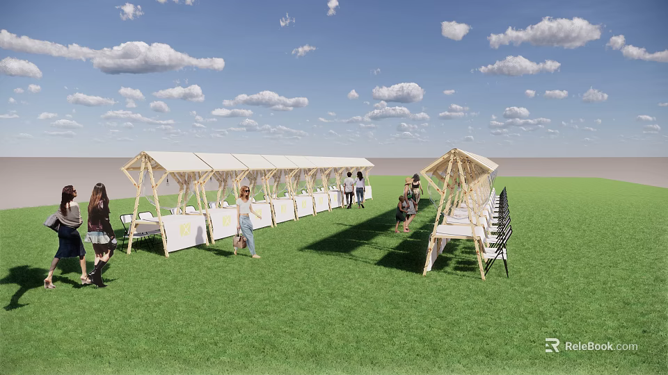 Outdoor Event Setup With White Tents Tables Chairs On Green Grass Field 3d model 