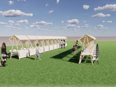 Outdoor Event Setup With White Tents Tables Chairs On Green Grass Field 3d model