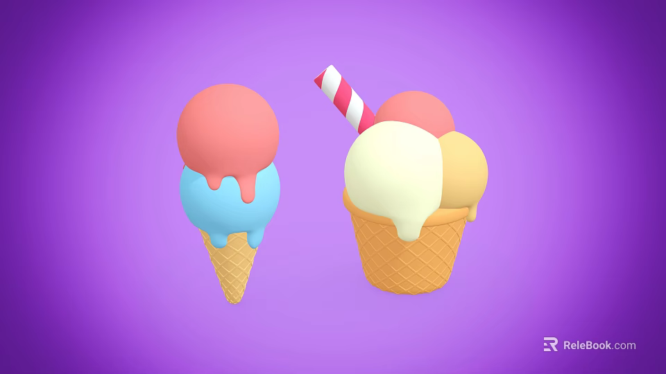 Colorful Ice Cream Cones With Multiple Scoops And Melting Toppings On Purple Background 3d model 