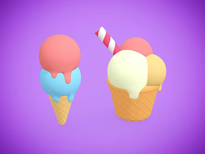 Colorful Ice Cream Cones With Multiple Scoops And Melting Toppings On Purple Background 3d model