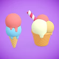 Colorful Ice Cream Cones With Multiple Scoops And Melting Toppings On Purple Background