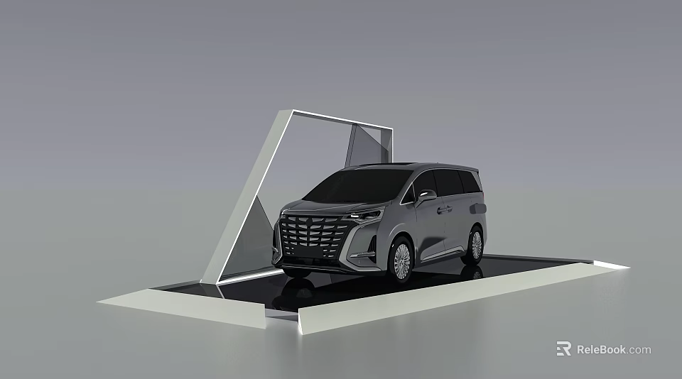 Stylish Silver MPV Car Showcased on Modern Geometric Frame Display Platform 3d model 