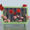 Elegant Floral Installation in Green Frame with Red Pink Flowers and Purple Backdrop