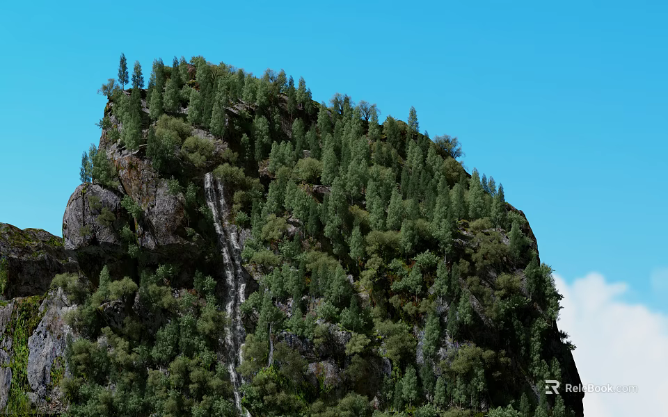 Natural Garden Landscape Featuring Mountain Slope Waterfall Lush Trees And Clear Blue Sky 3d model 