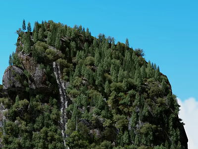 Natural Garden Landscape Featuring Mountain Slope Waterfall Lush Trees And Clear Blue Sky 3d model