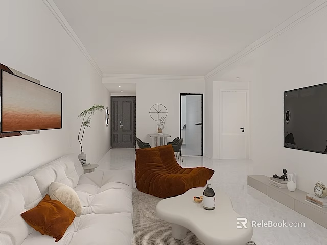 Modern Bright White Open Living And Dining Room Interior With Comfortable Stylish Home Furnishings 3d model 
