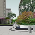 Garden Landscape With Purple Cherry Blossom Tree Green Lawn Wooden Deck And White Lounge Chairs