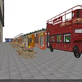 Starry Night Commercial Street With Red Double Decker Bus Benches Shops and Illuminated Lights