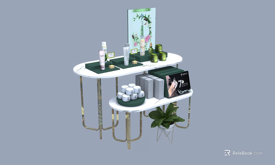 Two Tiered Display Shelf With Skincare Products Green Plant Marble Countertop And Golden Frame 3d model 