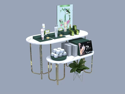 Two Tiered Display Shelf With Skincare Products Green Plant Marble Countertop And Golden Frame 3d model