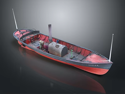 Vintage Wooden Boat With Red Hull Black Deck And Chimney Structure Equipment 3d model
