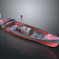 Vintage Wooden Boat With Red Hull Black Deck And Chimney Structure Equipment
