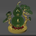 Green Jade Gourd Sculpture With Golden Branches Green Leaves And Red Gemstones Base