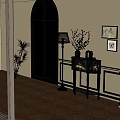 Elegant Decorative Cabinet With Floor Lamp Vase Branches And Framed Artworks On Beige Wall