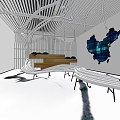 Modern Store Front Desk Design With Wooden Counter Blue Decorative Wall And Curved Seating