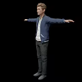 Game Movie Character In Blue Jacket White Shirt Gray Pants Arms Outstretched On Black Background