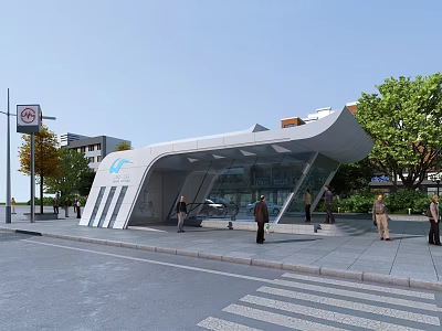 Modern Bus Stop With Curved Roof And Transparent Glass Structure Featuring Pedestrians And Trees 3d model