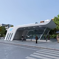 Modern Bus Stop With Curved Roof And Transparent Glass Structure Featuring Pedestrians And Trees