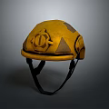 3D Rendered Military Weapon Helmet with Yellow Design Circular Emblem and Black Straps