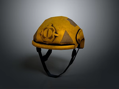 3D Rendered Military Weapon Helmet with Yellow Design Circular Emblem and Black Straps 3d model