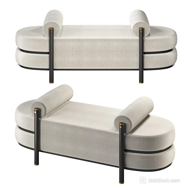 Elegant Modern Upholstered Ottoman With Curved Design And Black Wooden Legs 3d model 