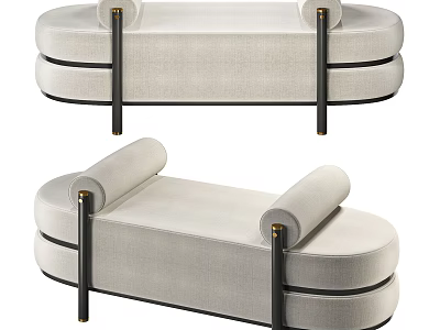 Elegant Modern Upholstered Ottoman With Curved Design And Black Wooden Legs 3d model