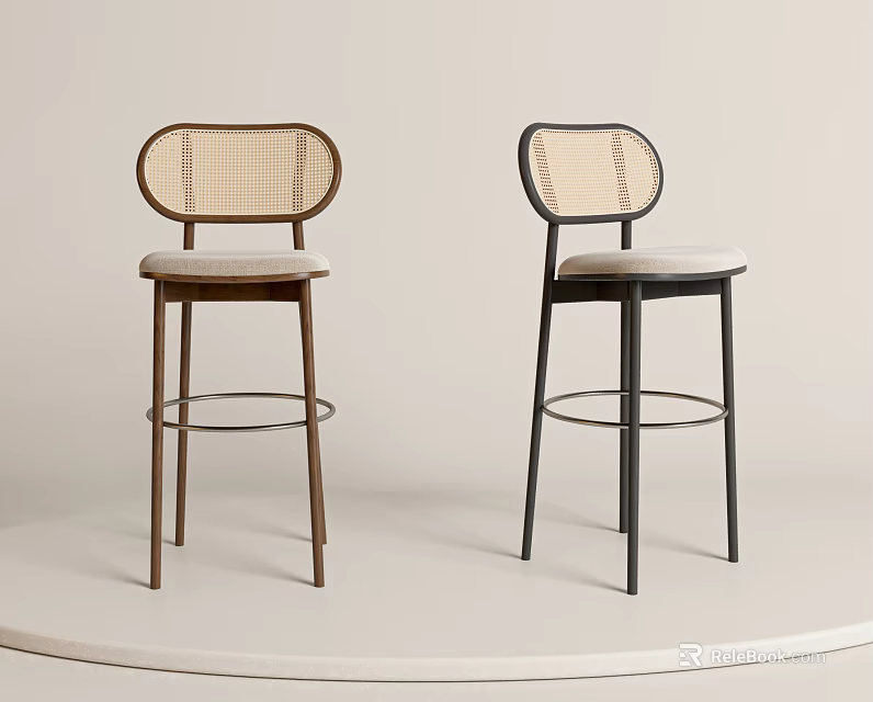 Modern Bar Stools With Woven Backrest And Upholstered Seat In Two Tones 3d model 