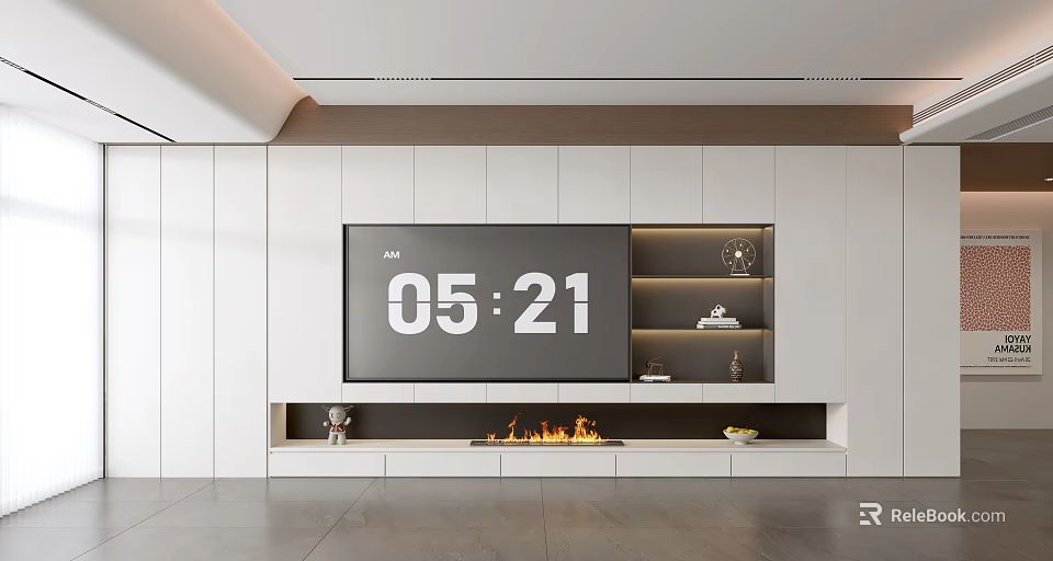 Modern TV Wall Design With White Cabinets Built-in Fireplace And Display Shelves 3d model 