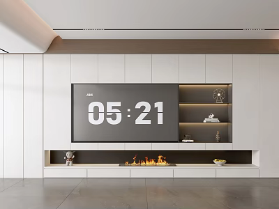 Modern TV Wall Design With White Cabinets Built-in Fireplace And Display Shelves 3d model