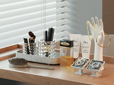 Perfume Cosmetics Display On Wooden Vanity Table With Makeup Brushes Skincare And Jewelry 3d model