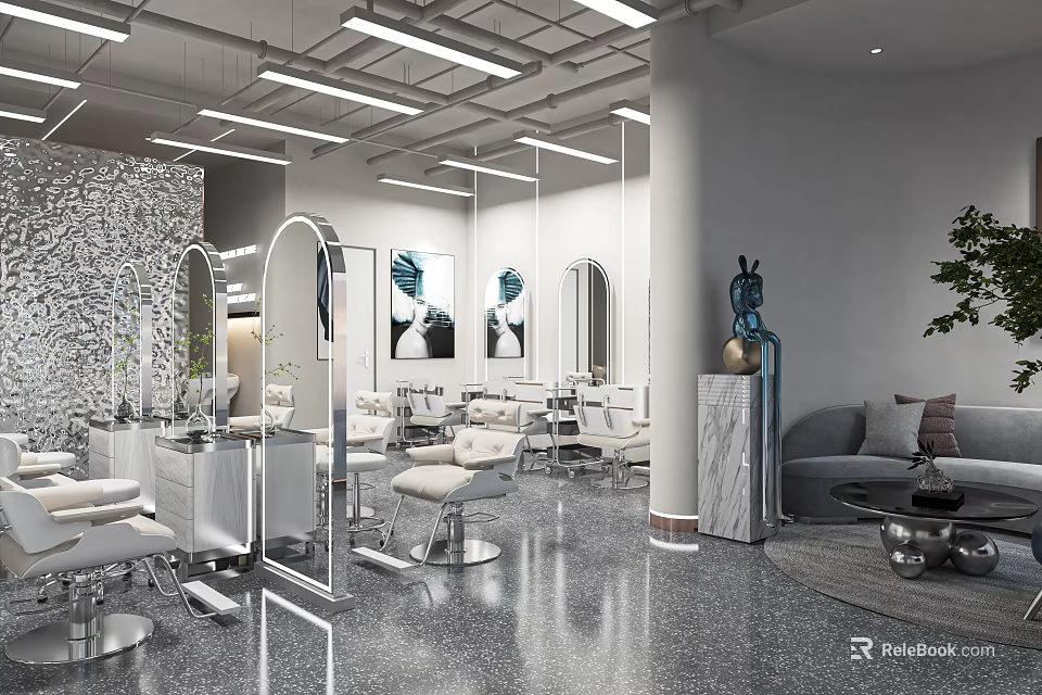 Modern Hair Salon Interior Design With Styling Chairs Mirrors Sofa And Decorative Paintings 3d model 