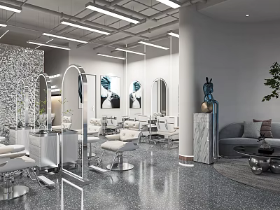 Modern Hair Salon Interior Design With Styling Chairs Mirrors Sofa And Decorative Paintings 3d model