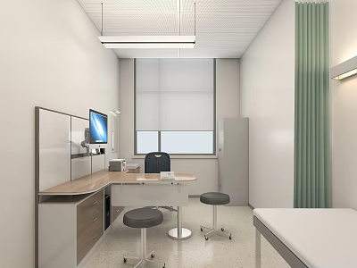 Medical Examination Room Interior With Desk Computer Stools Window Green Curtain Cabinet And Examination Table 3d model