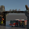 Leisure Farm Entrance Gate Stone Wooden Structure With Bird Decoration And Little Figure