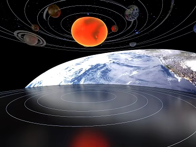 Interactive Science and Technology Exhibition Hall Displaying Solar System Planets Orbits and Earth Model 3d model