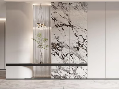 Modern Room Divider Design With Marble Panel Green Plant And Pendant Light 3d model