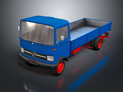 Blue Mercedes Flatbed Truck 3D Model With Red Wheels On Reflective Surface 3d model
