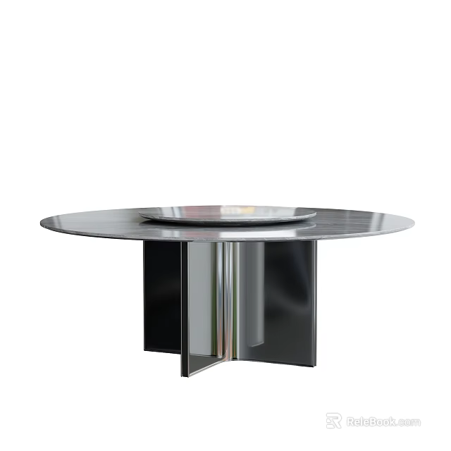 Modern Round Dining Table With Sleek Surface And Black Geometric Base 3d model