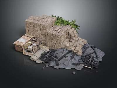 Rustic Scene Construction With Stone Walls Wooden Crate Green Plants Tires And Debris 3d model