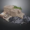 Rustic Scene Construction With Stone Walls Wooden Crate Green Plants Tires And Debris