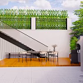 Courtyard Garden Outdoor Dining With Wooden Table White Chairs Stone Wall Staircase And Flower Arrangement