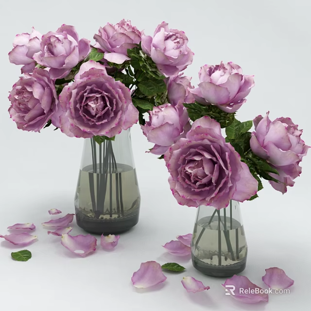 Purple Roses Arranged in Transparent Vases with Water Green Leaves and Petals 3d model 