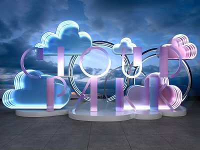 CLOUD PARK Neon Photo Check In Spot With Pink Blue Cloud Shapes And Platform 3d model
