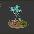 Decorative Tree With Dinosaur Models On Circular Base With Green Grass And Red Flowers